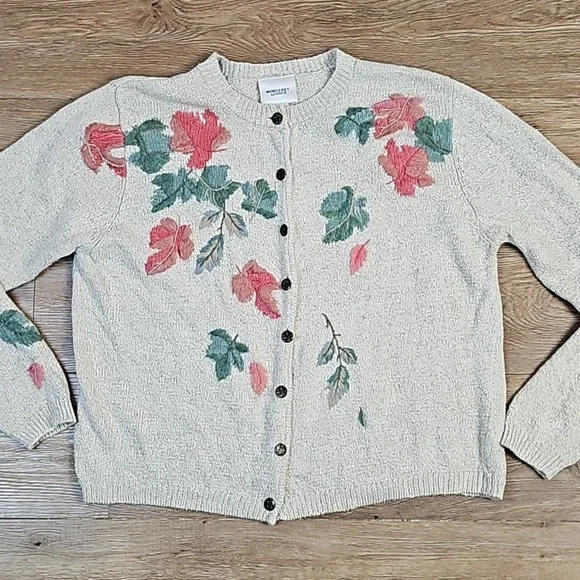 VTG Monterey by Koret Linen Cotton Knit Cream Cardigan w Embroidered Leaf Motif - Picture 3 of 16